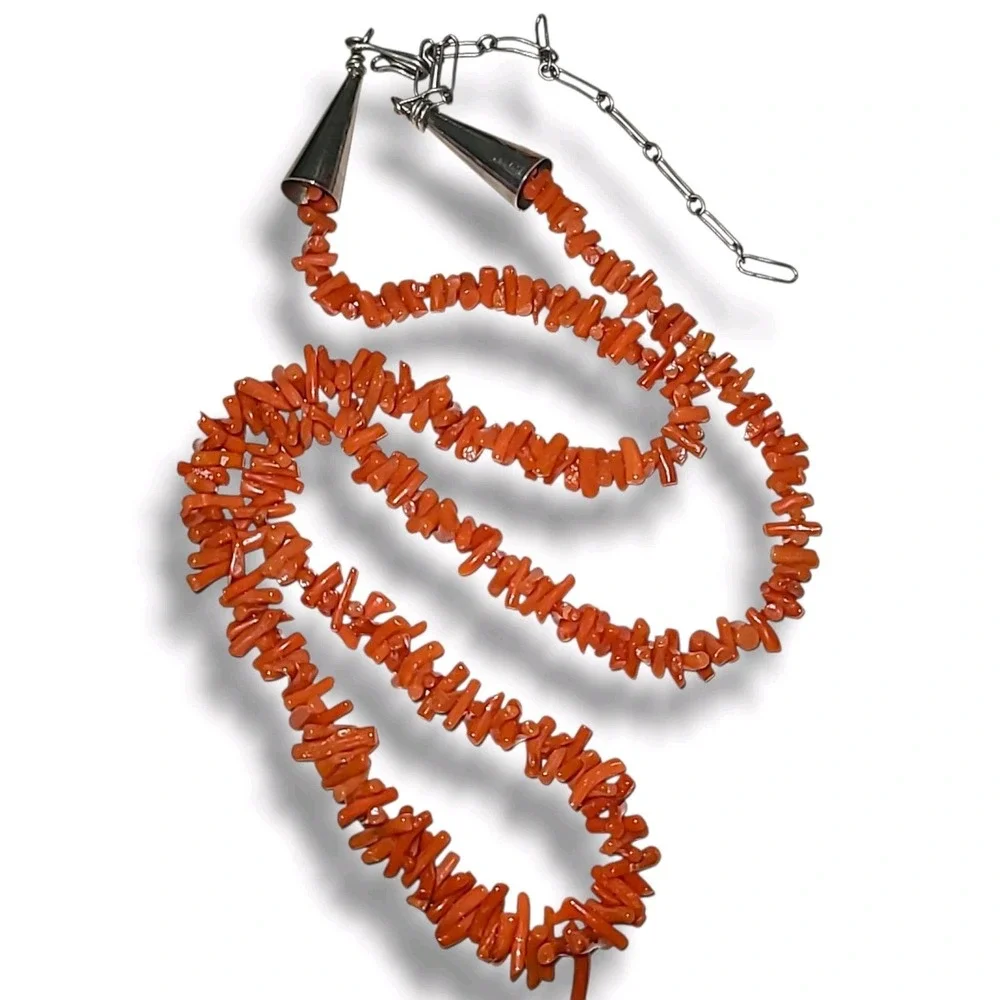 Vintage Native American Sterling Silver Branch Coral Chip Necklace 26